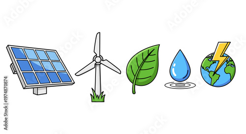A vector graphic illustration of eco-friendly energy sources and environmental symbols