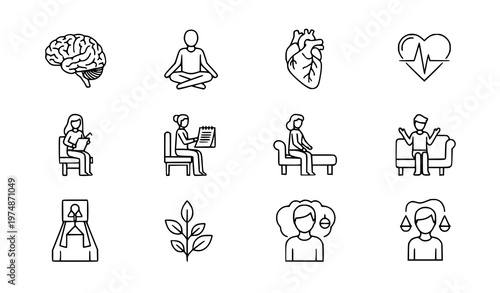 A set of minimalist line art icons representing mental health and wellness concepts