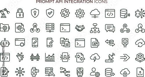 Prompt API integration outline icon set featuring automation connectivity analytics security interface symbols for web applications dashboards developer platforms