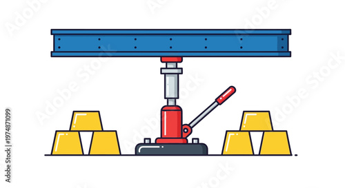 An industrial hydraulic jack lifting a heavy blue beam above gold bars