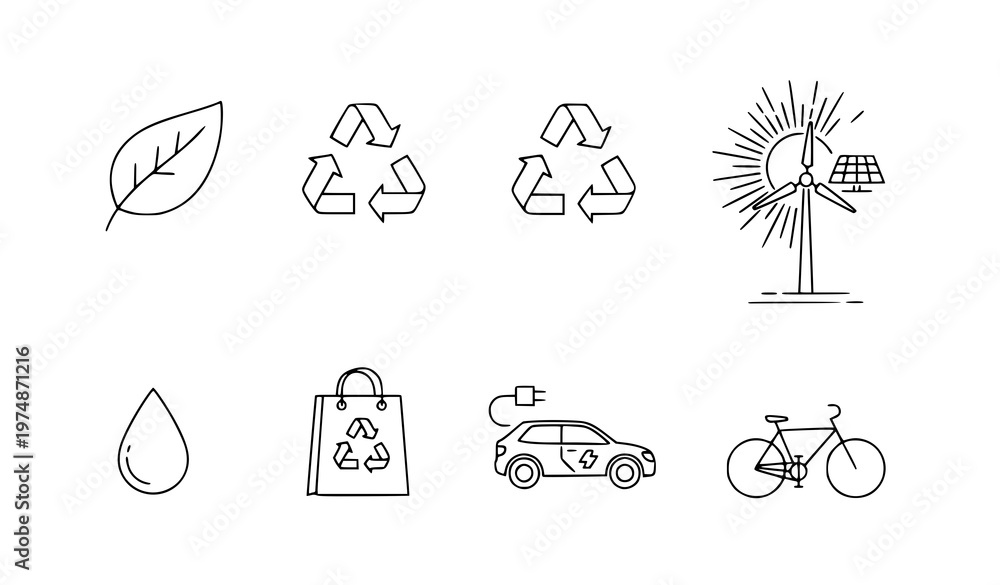 Obraz premium A set of eco-friendly icons representing sustainable living and environmental conservation