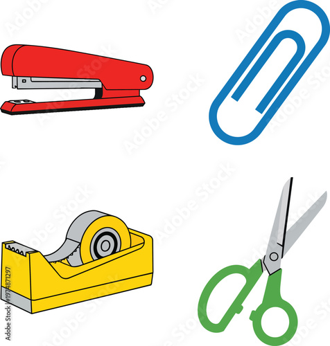 Set of Office Supplies with Stapler Scissors Tape Dispenser and Paperclip