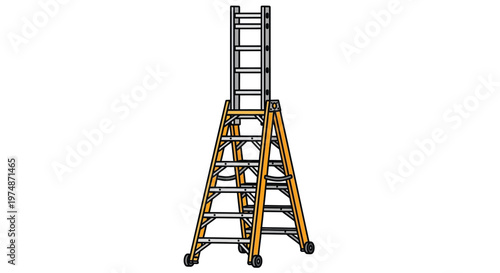 A sturdy yellow and black ladder stands on a white background for construction or maintenance work
