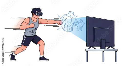 Man wearing VR headset punching out virtual boxing opponent from TV screen