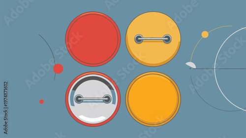 Four circular pin badges with back and front views on a blue background