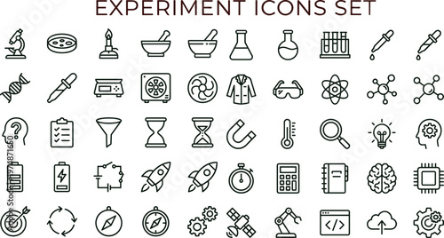 Science experiment outline icon set featuring laboratory research chemistry physics testing innovation analytics interface symbols for education dashboards platforms