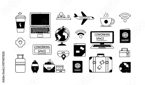 A collection of black and white vector icons representing coworking and travel