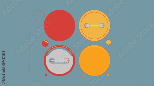 Four round pin badges showing front and back views on a blue gray background