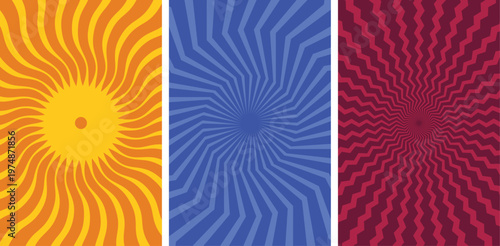Set of three vibrant abstract radial optical art swirling patterns on colorful backgrounds