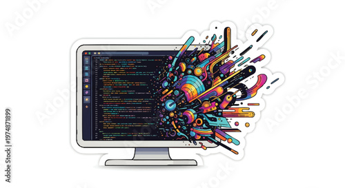 Computer monitor with colorful code explosion, tech background