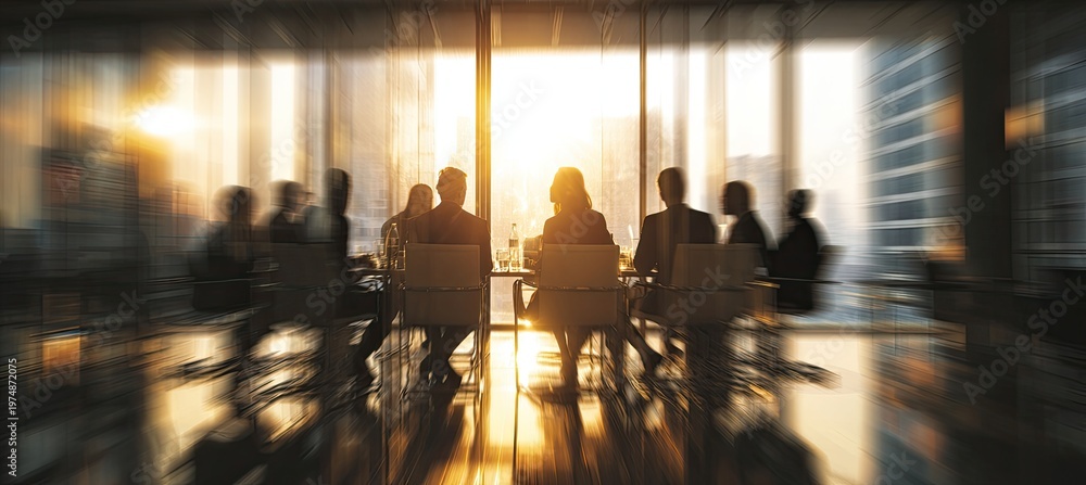 Obraz premium Silhouetted figures in a sunlit boardroom, suggesting a meeting
