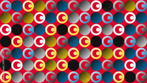 Colorful Abstract Geometric Circle Pattern on Vibrant Red Background