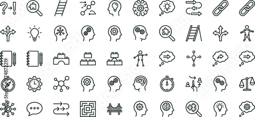 Cognitive reasoning workflow outline icon set featuring decision analytics thinking strategy logic interface symbols for productivity dashboards platforms
