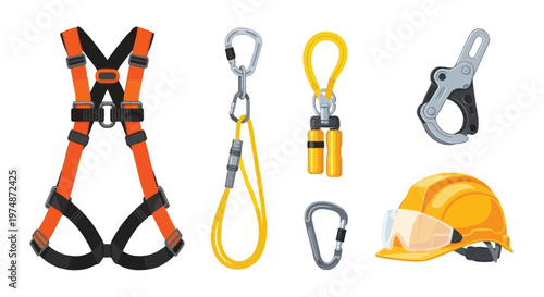 A collection of safety equipment including a harness, ropes, carabiners, and a hard hat for protection