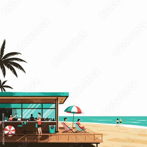 Beachside Cafe Bar with Patrons Illustrations – Coastal Relaxation Design for Social Media, Branding & Digital Media
