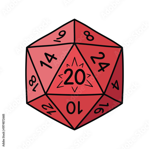 Red d20 role playing dice vector icon for tabletop games