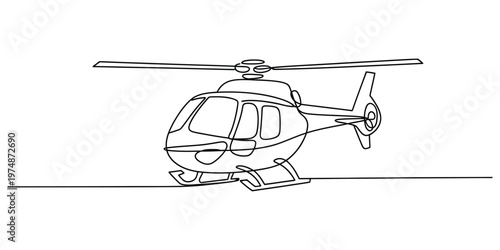 A single continuous line drawing of a modern helicopter aircraft flying through the open sky air