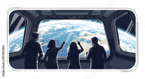 People looking out of a spaceship window at Earth