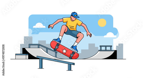 Teenager on skateboard performing trick.