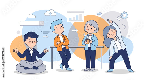 Diverse group engaging in wellness activities in a modern collaborative workspace illustration