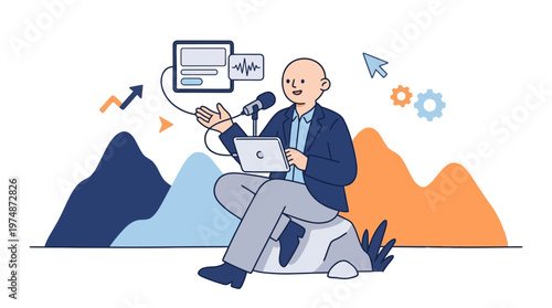 Man with laptop and microphone discussing digital content creation concept