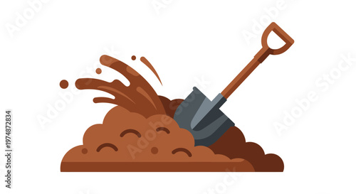 A cartoon illustration of a shovel digging into a pile of brown dirt with splashes of mud