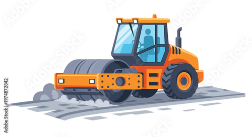 An orange road roller machine flattening asphalt on a construction site with a driver inside the cabin.