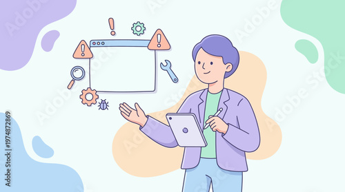 Cartoon man with tablet addressing web errors illustration for business solutions