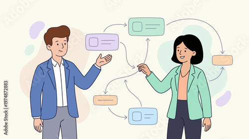 People discussing workflow with connected elements illustrating project planning