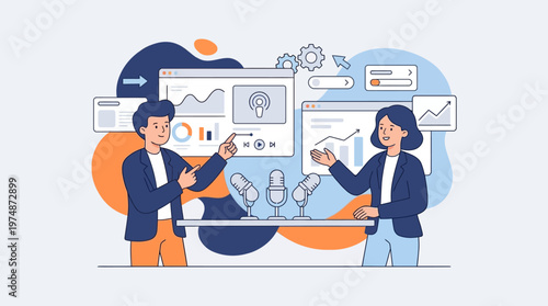People discussing podcasting and data analysis in a colorful vector illustration