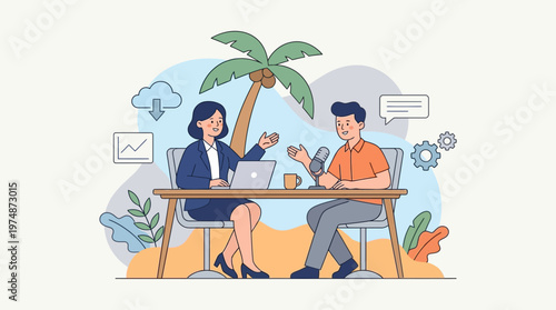 Animated illustration of two people engaging in a conversational podcast