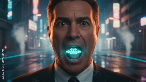 Man with glowing ufo inside mouth in dark city. Surprised businessman experiencing paranormal encounter. Surreal science fiction concept of alien abduction and extraterrestrial mystery.