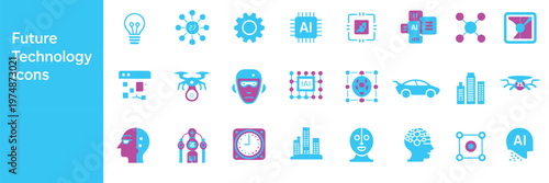 Future technology icon collection, thin line set containing ai, robot, drone, quantum, blockchain, chip, neural and more, simple web icons set.