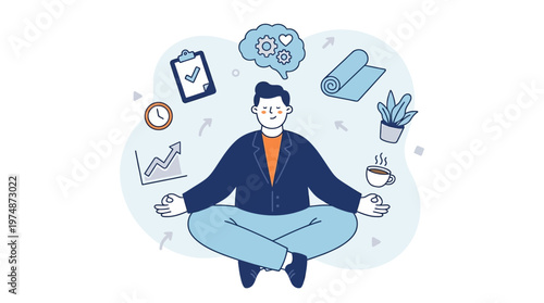 Meditating man surrounded by work and relaxation symbols on a white background