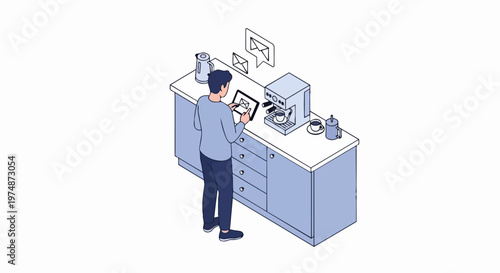 Man Checking Emails on Tablet While Brewing Coffee in Modern Isometric Kitchen - Digital Nomad and Remote Work Concept