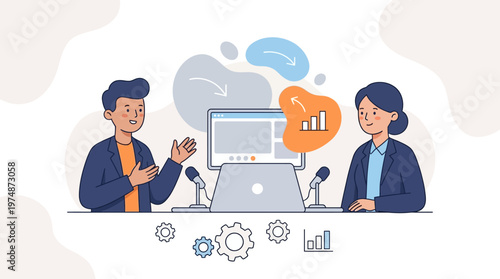 Cartoon illustration of podcast interview session on computer screen with speakers