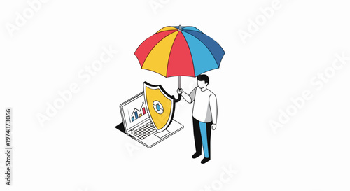 Cybersecurity and Financial Protection Concept: Isometric Illustration of a Man with Shield and Umbrella Protecting a Laptop with Business Data