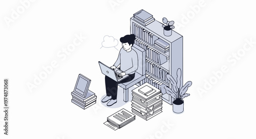 Isometric Woman Studying on Laptop with Stacks of Books and Bookshelf - Online Learning and Remote Work Concept