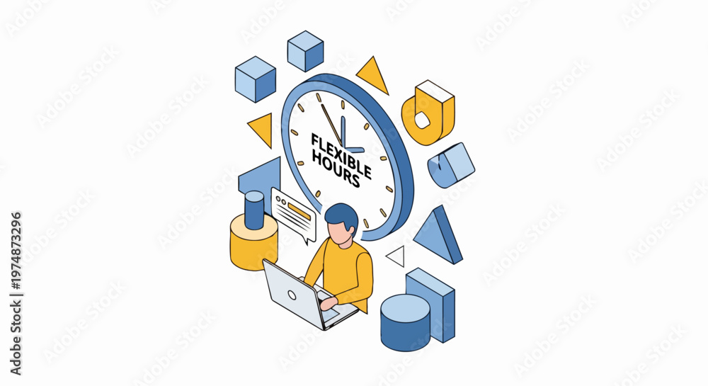 Fototapeta premium Isometric Illustration of Flexible Working Hours Concept with Person Using Laptop and Clock