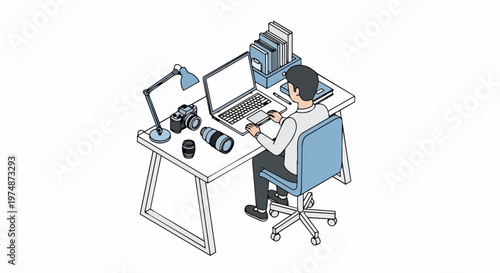 Isometric Illustration of a Professional Photographer Working at a Desk with Laptop, Camera, and Lenses