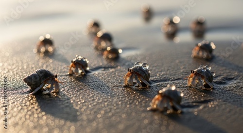 Hermit crabs scurry across wet sand during golden hour light with soft focus