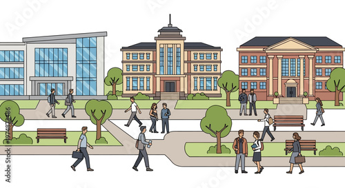 University buildings with students walking.