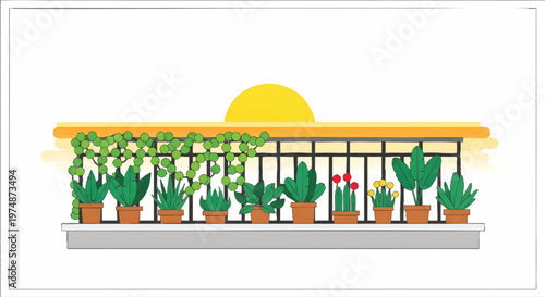 Potted plants on balcony with sunset background illustration