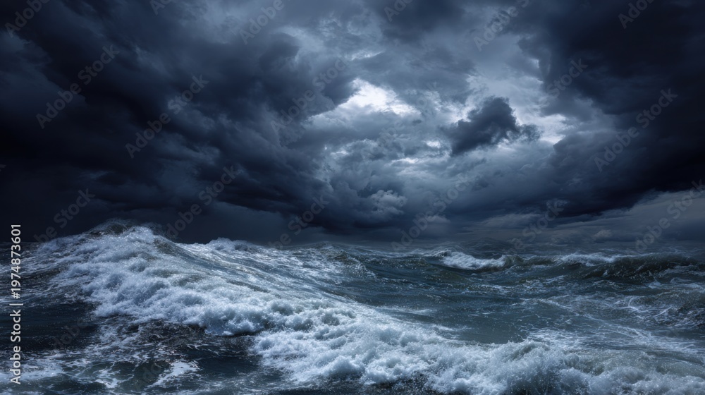 Fototapeta premium Dark and Stormy Sea with Wild Waves Under Ominous Sky Highlighting Nature's Raw Power and Unpredictable Beauty