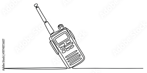 A continuous single line drawing of a portable handheld two way radio communication device unit