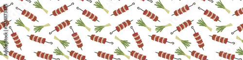 BBQ kebab and onion seamless pattern isolated on white. Cartoon flat illustration. Kebab border, summer print.