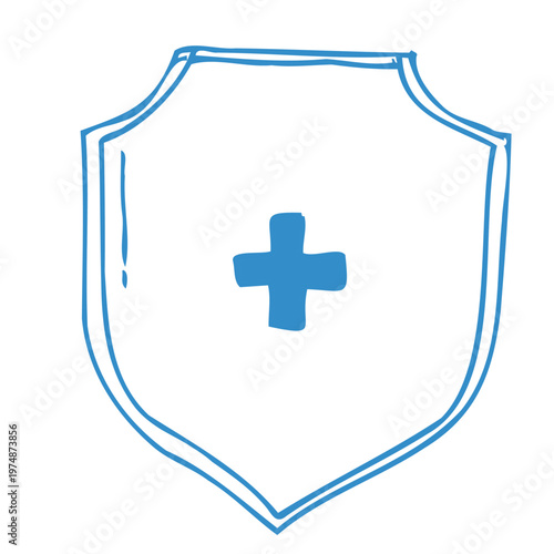 Blue Doodle outline health insurance icon isolated. Medical protection shield with cross, healthcare safety symbol, security badge and safeguard label. Simple line icons for medicine and insurance