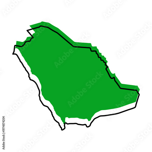 Saudi Arabia map from black contour curves lines with a green shifted silhouette on white background
