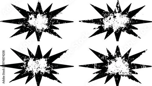 Grunge explosion set with distressed starburst shapes for retro and comic design
