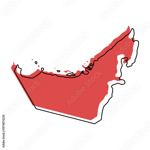 United Arab Emirates map from black contour curves lines with a red shifted silhouette on white background